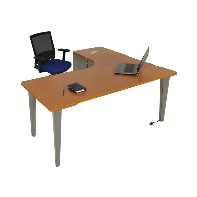 Bureau compact 90° à gauche EVIDENCE - Pieds aluminium - Plateau imitation merisier